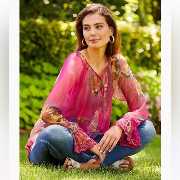 NWT JOHNNY WAS
Mazzy Floral Print Contrast Embroidered Mesh Split Peasant Blouse - Picture 3 of 7